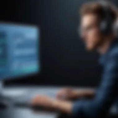 Professional Using Recording Software A professional working on a laptop with recording software open
