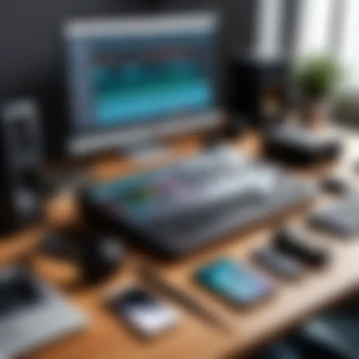 A collection of essential audio editing tools and equipment on a desk.