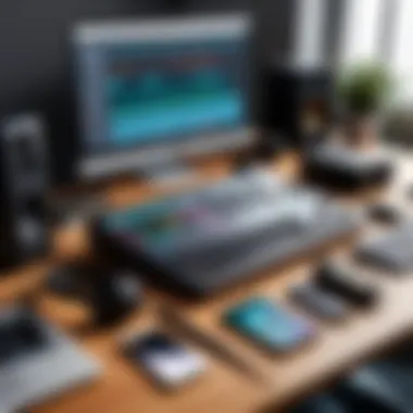 Essential Tools for Audio Editing A collection of essential audio editing tools and equipment on a desk.