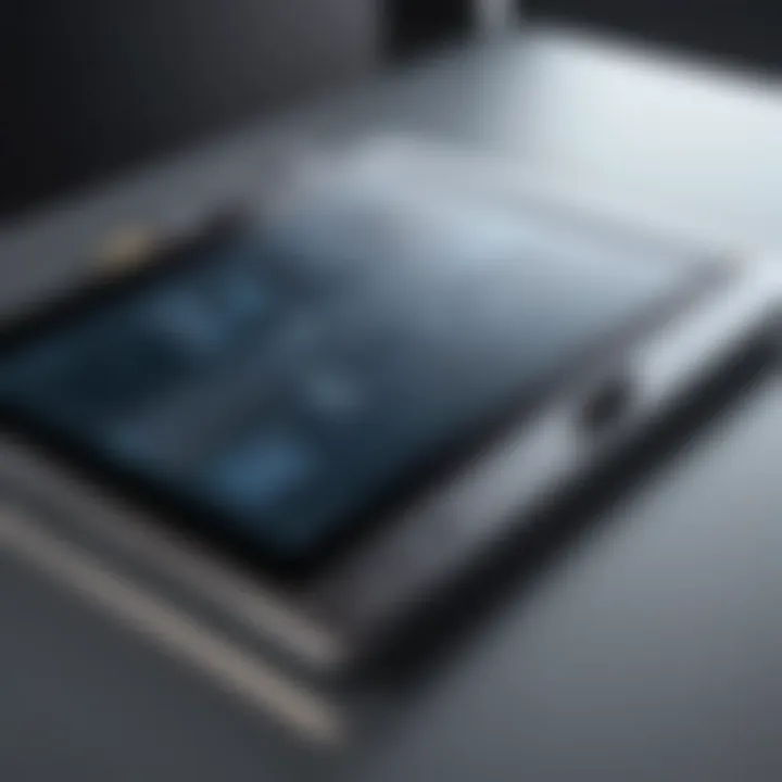 A close-up of a digital drawing tablet showcasing technical design software