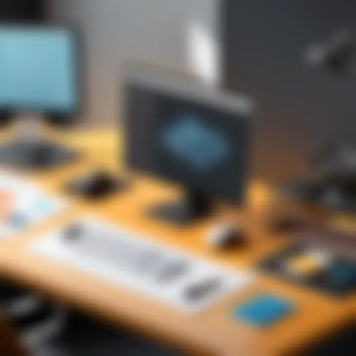 An organized workspace with CAD tools and materials