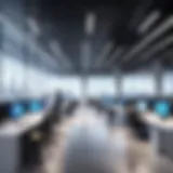 A modern corporate office environment showcasing collaboration and technology integration.