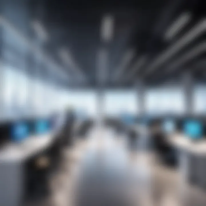 A modern corporate office environment showcasing collaboration and technology integration.