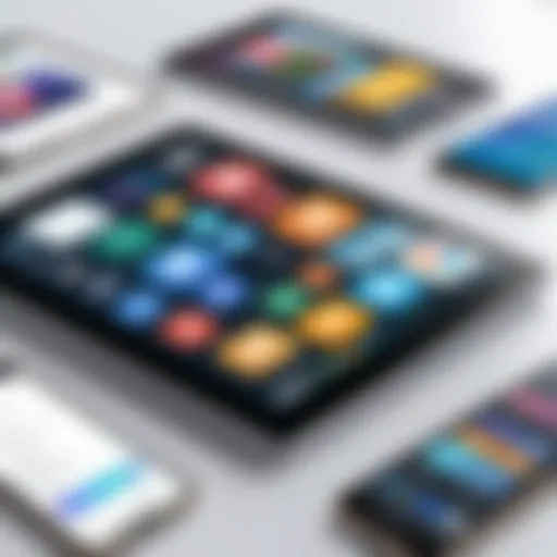 A diverse range of mobile software tools displayed on a tablet.