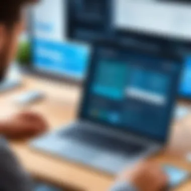 A user engaging with mobile software tools in a modern workspace.