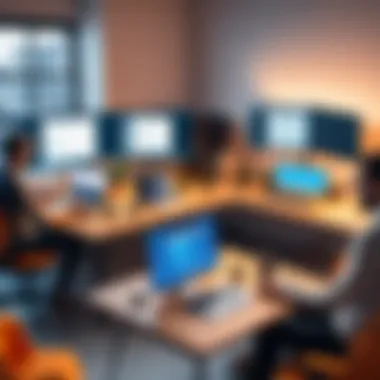 An illustration depicting a collaborative workspace where developers and users contribute to open source projects.