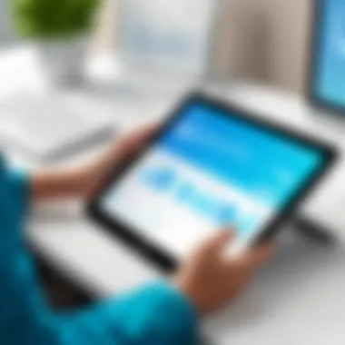 A healthcare professional demonstrating the use of check-in software on a tablet.