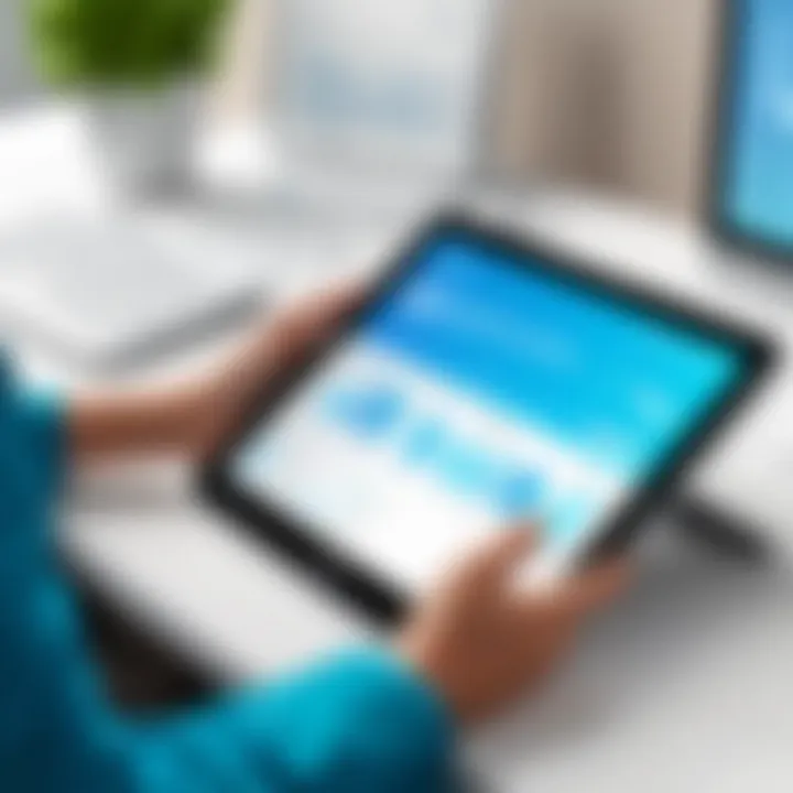 A healthcare professional demonstrating the use of check-in software on a tablet.