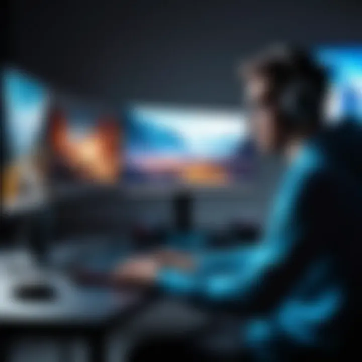 A gamer utilizing editing software on a dual monitor setup, focused on content creation.