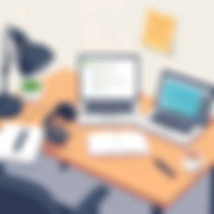 An organized workspace with a laptop, headphones, and a notepad for transcription tasks.