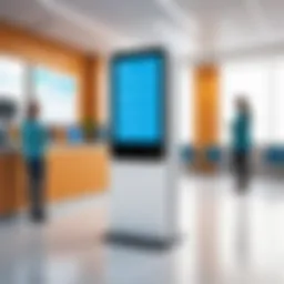A modern healthcare facility showcasing digital patient check-in kiosks.
