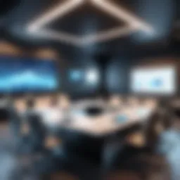 A modern workspace with advanced technology facilitating a meeting.