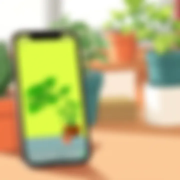 Smart Plant Home App in Action A smartphone displaying the Smart Plant Home App on a table with plants in the background