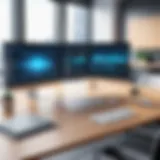 A modern digital workspace featuring a virtual meeting interface