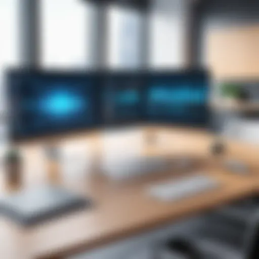 A modern digital workspace featuring a virtual meeting interface
